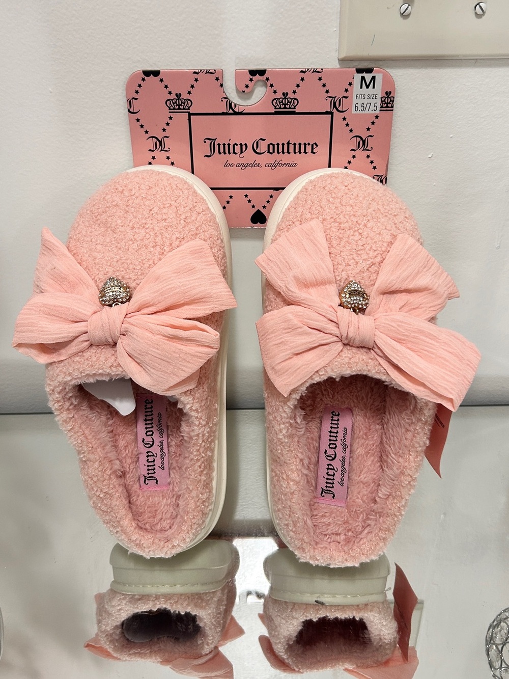 Juicy Couture Pink Fuzzy Bow Slippers NWT Womens Size M 6.5-7.5